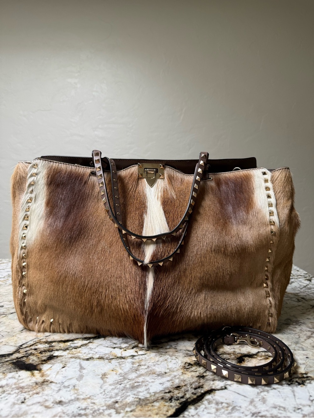 Valentino Garavani Brown and Cream Ponyhair Rockstud Tote
